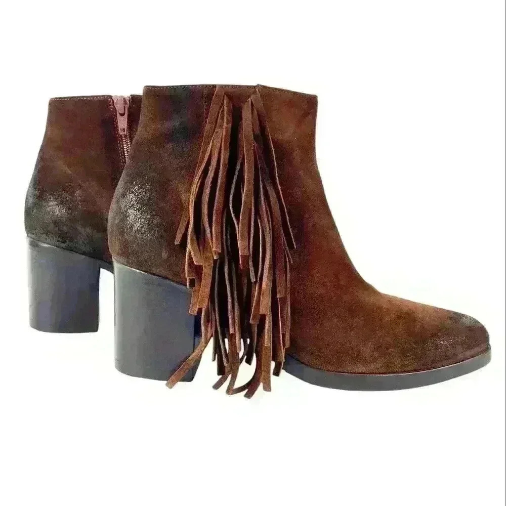Vince Camuto Brown Suede Fringe Ankle Bootie, Size 8, Boho Western Cowgirl Style